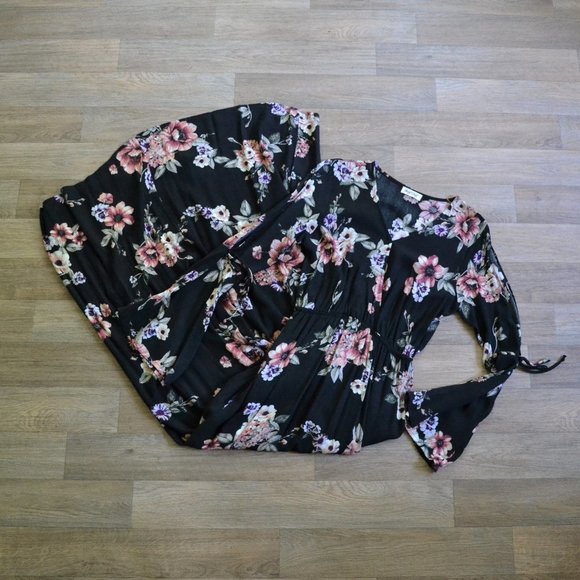 Black Wrap Floral Coldshoulder Bellsleeve Maxi Dress Side Slit Women Size Small - Picture 2 of 11